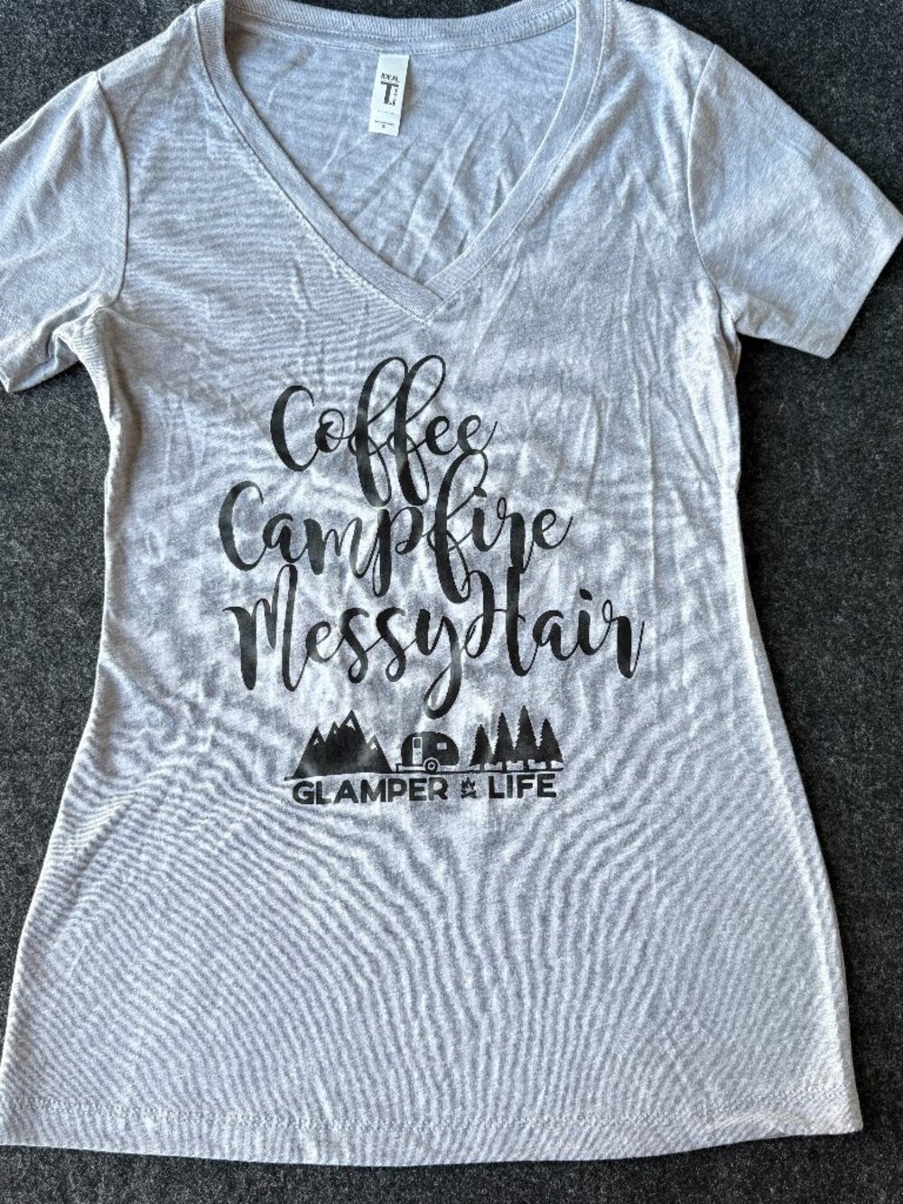 Camping Tee Coffee Campfire Messy Hair V Neck Women's Small